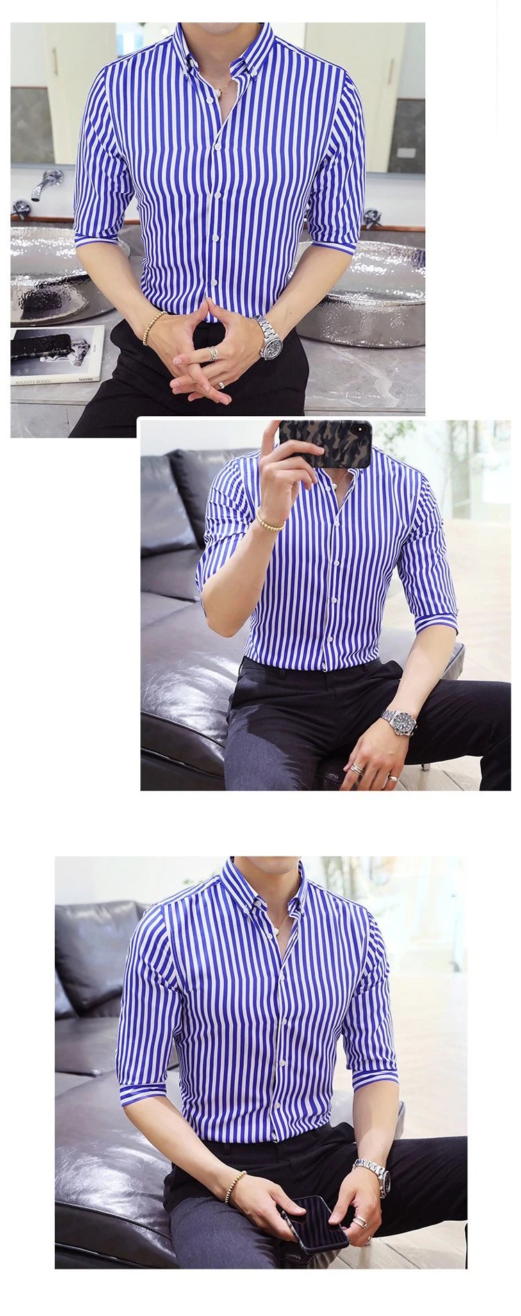Design Striped Button-Down Shirt White with Black Vertical Stripes Tops Shirt - 9