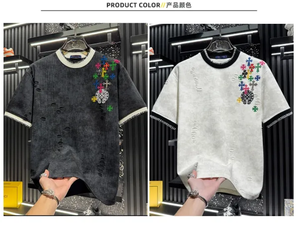 Design Bailysa Embroidered Distressed Corduroy T-Shirt Black T-Shirts - 4