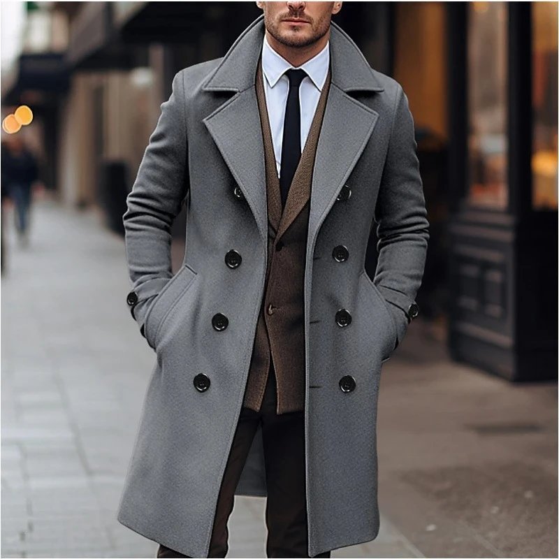 Design Double-Breasted Wool Blend Coat Gray Men's Overcoat Outerwear.coat