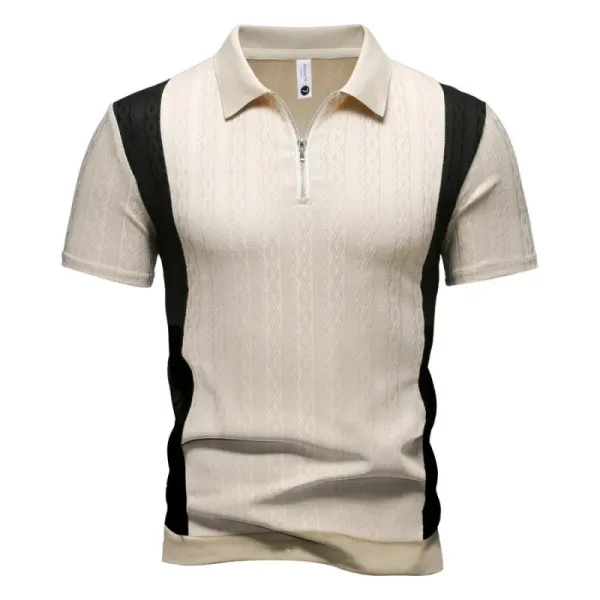 Design Zip-Neck Knit Polo Beige and Black Color-Block Polo Polo Shirt - 1
