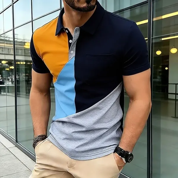 Design Color-Block Polo Shirt Navy Orange Light Blue Gray Tops Polo - 3
