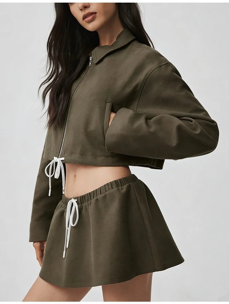 Design Cropped Zip-Front Jacket and Drawstring Shorts Set Black - 8