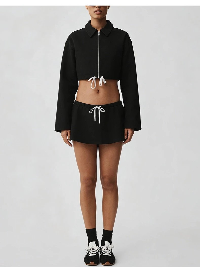 Design Cropped Zip-Front Jacket and Drawstring Shorts Set Black - 9