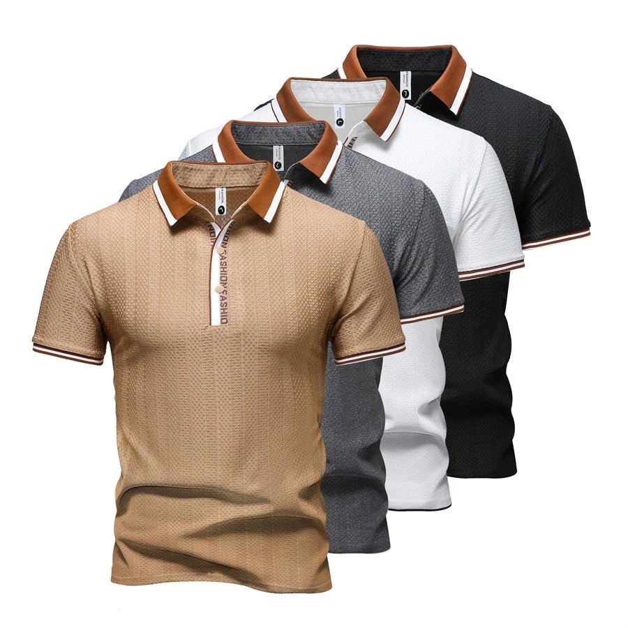 Design Textured Polo Gray Brown Collar Polo Tops Polo - 5