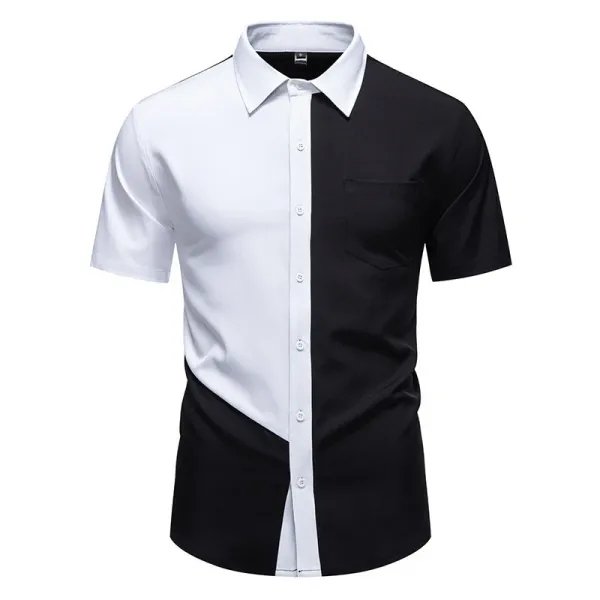Design Asymmetrical Color-Block Shirt Black White Men's Shirt Tops Shirt - 4