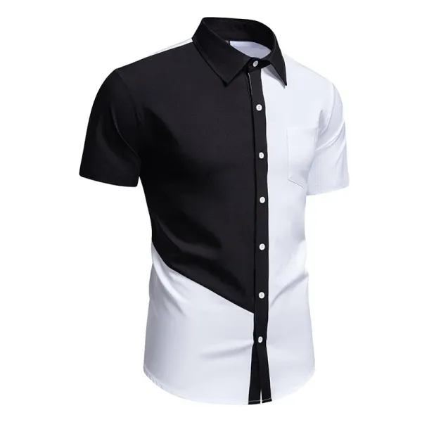 Design Asymmetrical Color-Block Shirt Black White Men's Shirt Tops Shirt - 15