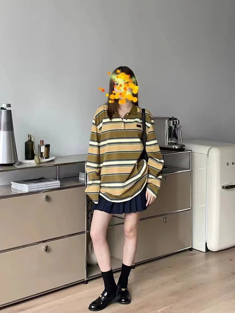 Design Striped Long-Sleeve Polo Shirt in Earth Tone Tops.polo - 5