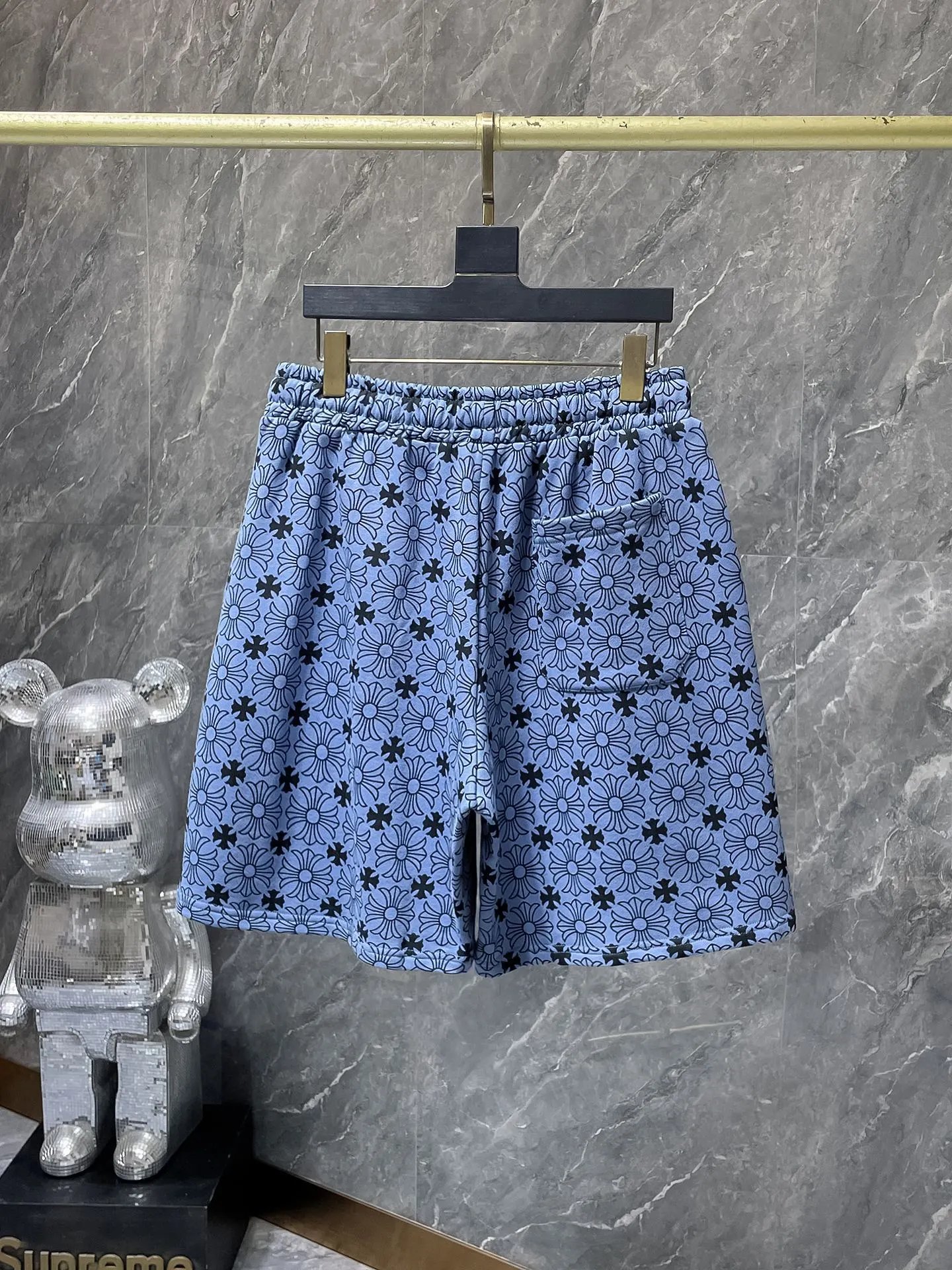 Design Floral Print Drawstring Waist Shorts Blue - 2