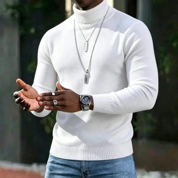 Design Turtleneck Sweater White Men's Knit Top - 1