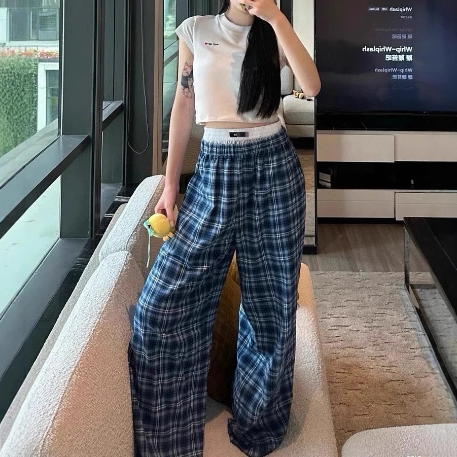 Design Plaid Wide-Leg Pants Blue White - 4