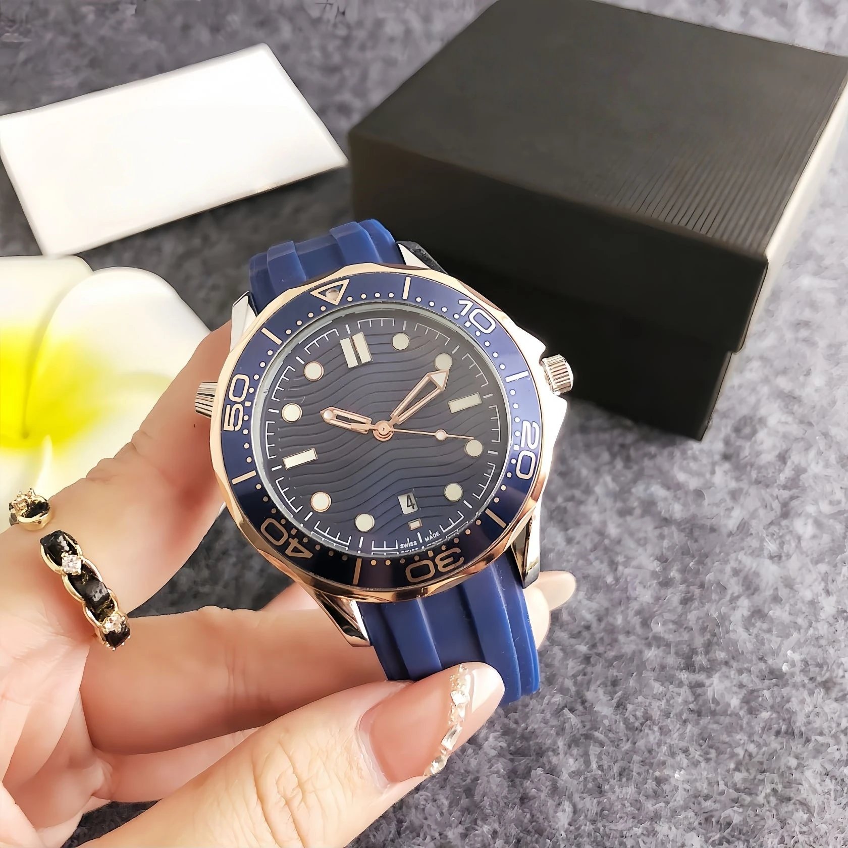 Design Ocean Chrono Green Rubber Strap Mechanical Watch Watches - 7