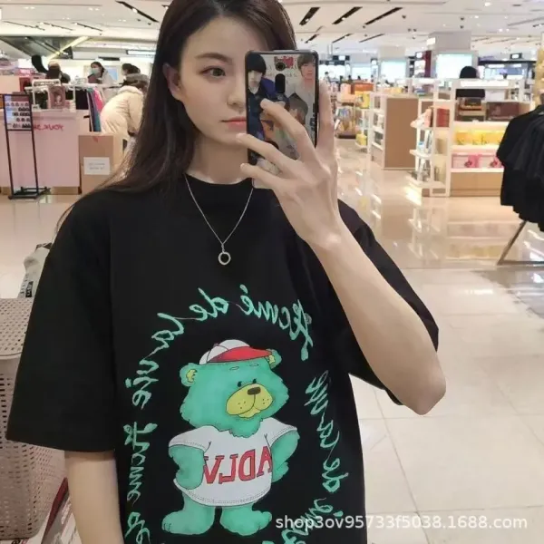 Design Graphic Bear Print Black Oversized T-Shirt - 1
