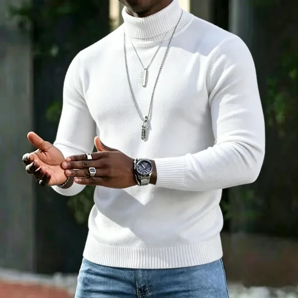 Design Turtleneck Sweater White Men's Knit Top - 6