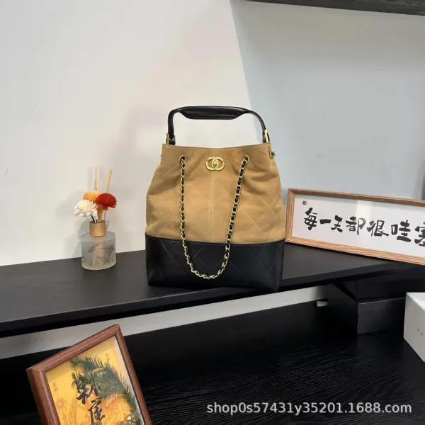 Chanel Bucket Bag Beige and Black Quilted Leather with Gold Chain Strap Handbags - 11