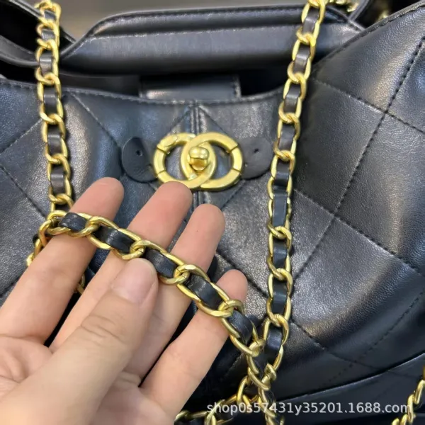 Chanel Bucket Bag Beige and Black Quilted Leather with Gold Chain Strap Handbags - 19
