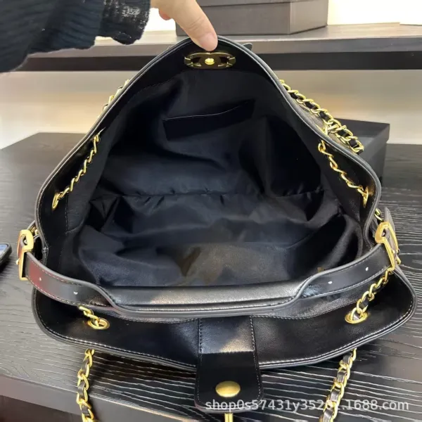 Chanel Bucket Bag Beige and Black Quilted Leather with Gold Chain Strap Handbags - 21
