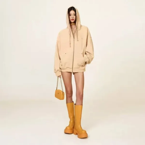 Design Oversized Zip-Up Hoodie Beige Hoodie - 9