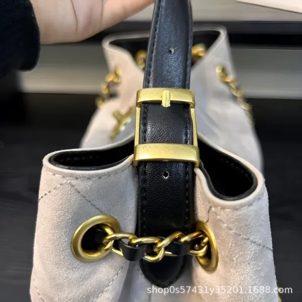Chanel Bucket Bag Beige and Black Quilted Leather with Gold Chain Strap Handbags - 28