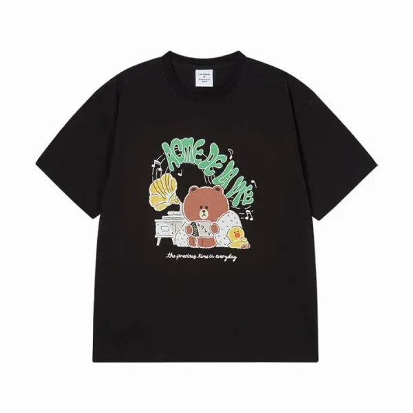 Design LINE FRIENDS Brown Bear Music Time Black T-Shirt T-Shirts - 1