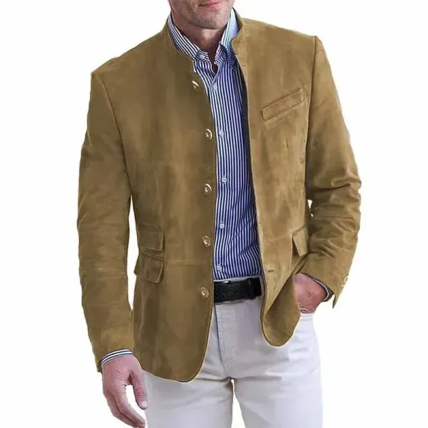Design Suede Stand-Collar Blazer Teal Outerwear - 5