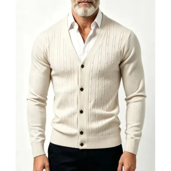 Design Cable Knit V-Neck Cardigan Beige Sweater - 1