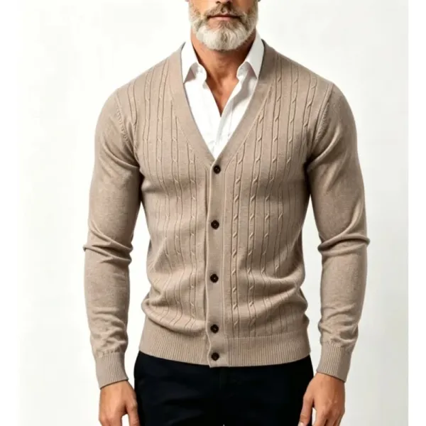 Design Cable Knit V-Neck Cardigan Beige Cardigan Outerwear.cardigan - 1