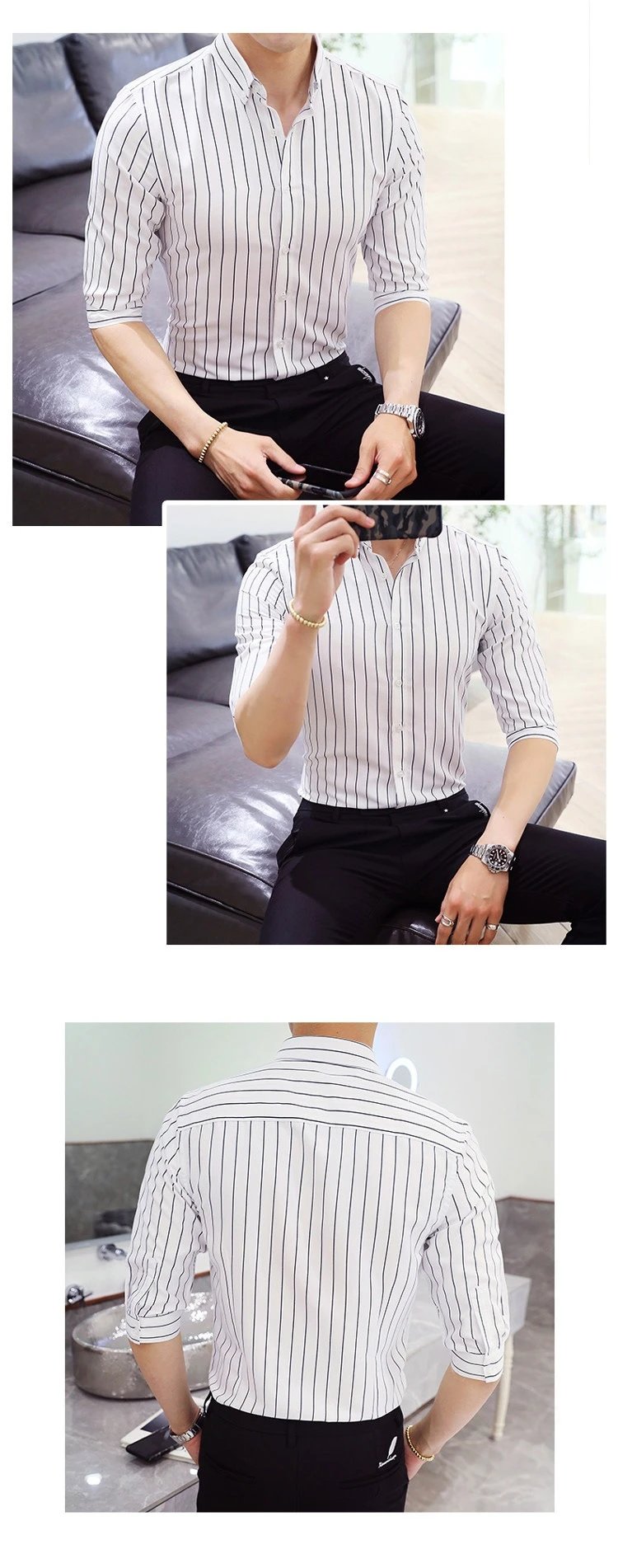 Design Striped Button-Down Shirt White with Black Vertical Stripes Tops Shirt - 3