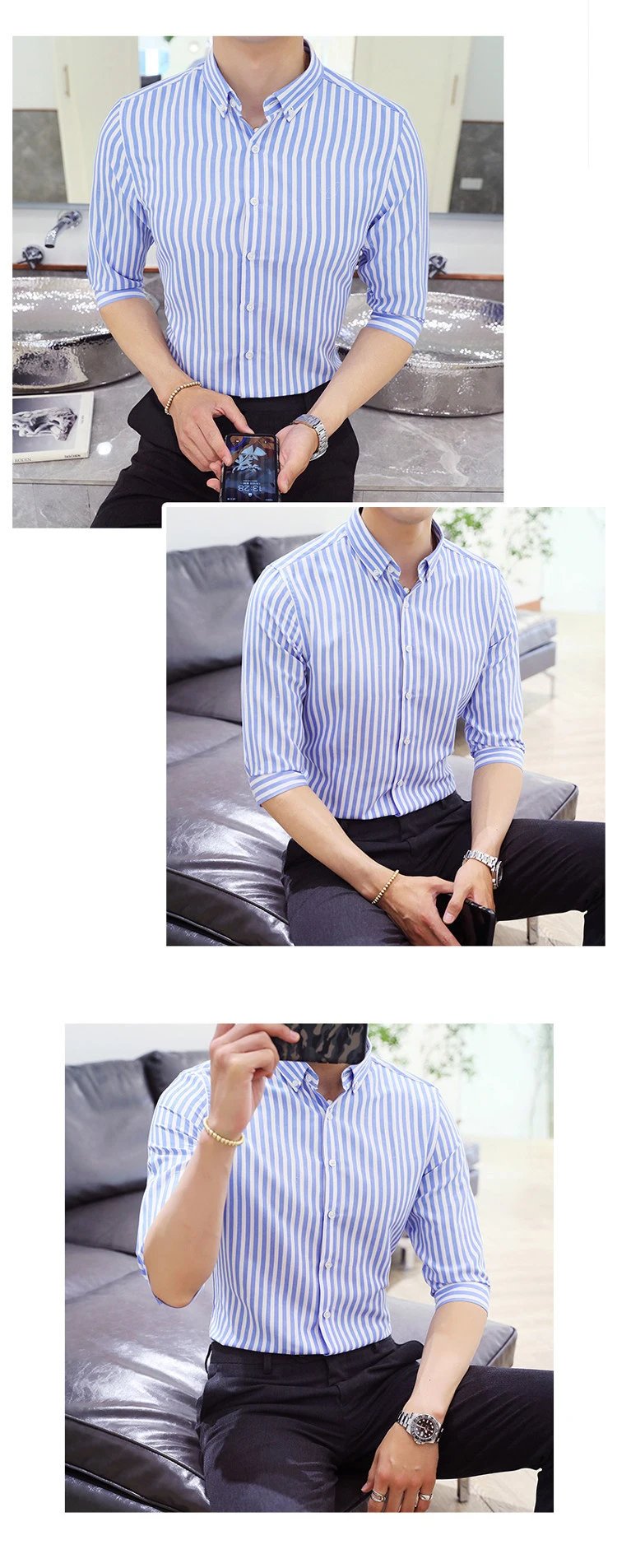 Design Striped Button-Down Shirt White with Black Vertical Stripes Tops Shirt - 11