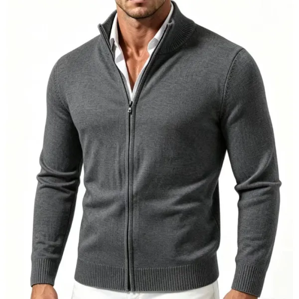 Design Zip-Up Knit Cardigan Gray Men's Sweater - 1