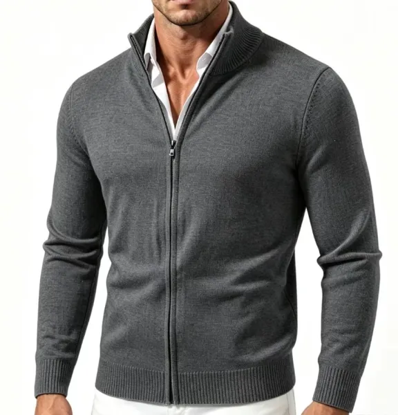 Design Zip-Up Knit Cardigan Gray Men's Sweater - 6
