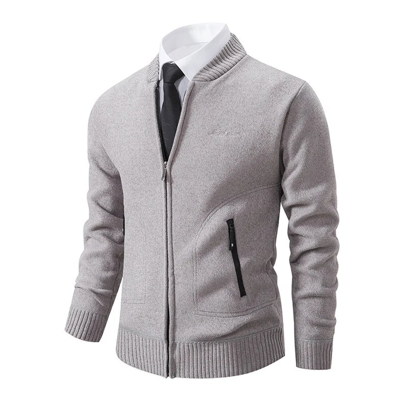Design Zip-Up Knit Bomber Jacket Gray Outerwear Jacket - 3