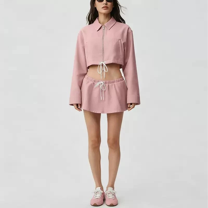 Design Cropped Zip-Front Jacket and Drawstring Shorts Set Black - 2