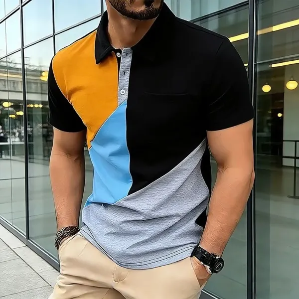 Design Color-Block Polo Shirt Navy Orange Light Blue Gray Tops Polo - 13