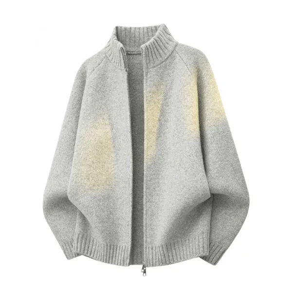 Design Oversized Zip-Up Knit Cardigan Gray with Yellow Dip-Dye Detail Outerwear.cardigan - 1