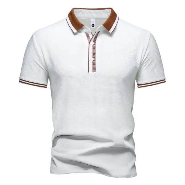 Design Textured Polo Shirt White with Brown Trim - 1
