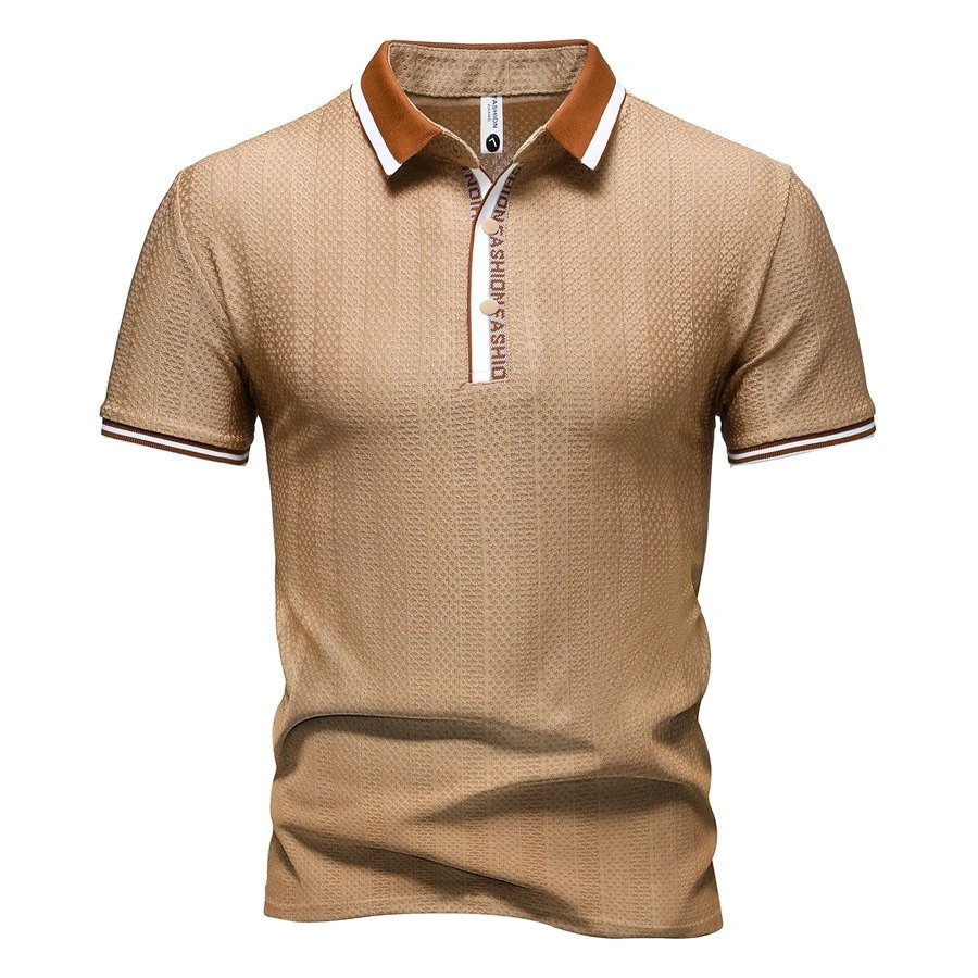 Design Textured Polo Gray Brown Collar Polo Tops Polo - 7