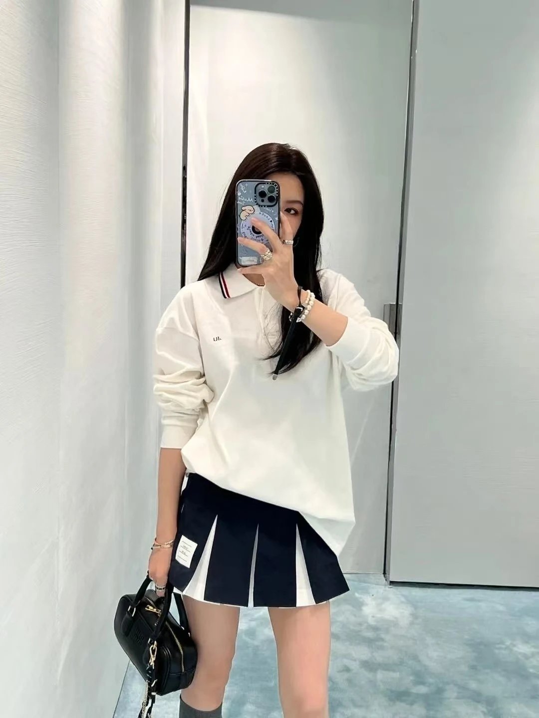 Thom Browne Polo Shirt White with Navy Pleated Skirt and Tabi Sneakers - 3