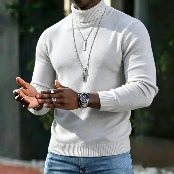 Design Turtleneck Sweater White Men's Knit Top - 9