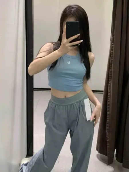 Alo Yoga Crop Top and Wide-Leg Pants Set in Dusty Blue and Sage Green Activewear - 1