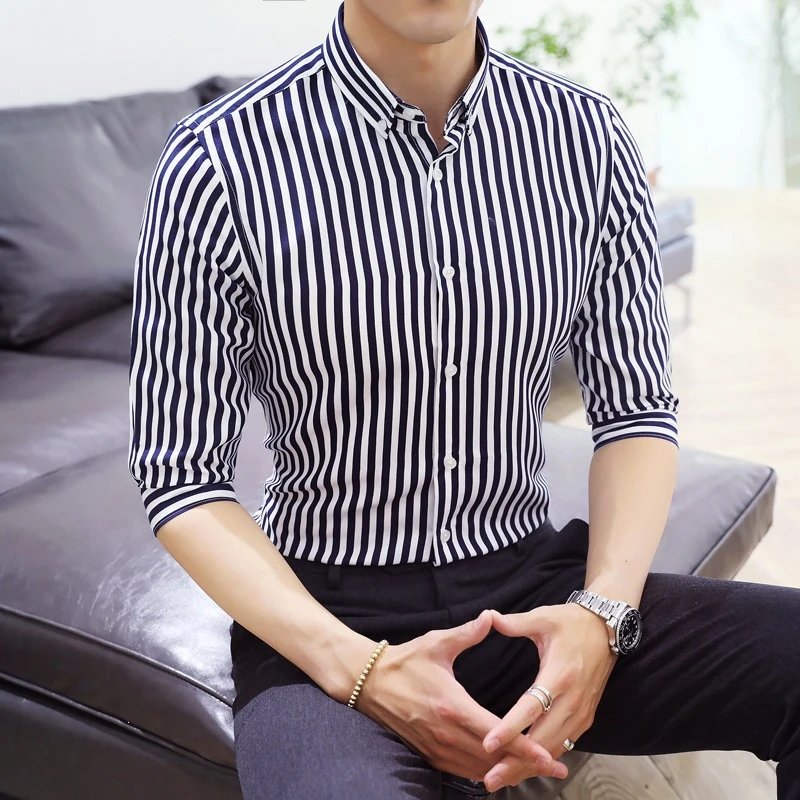 Design Striped Button-Down Shirt Navy and White Tops Shirt - 1