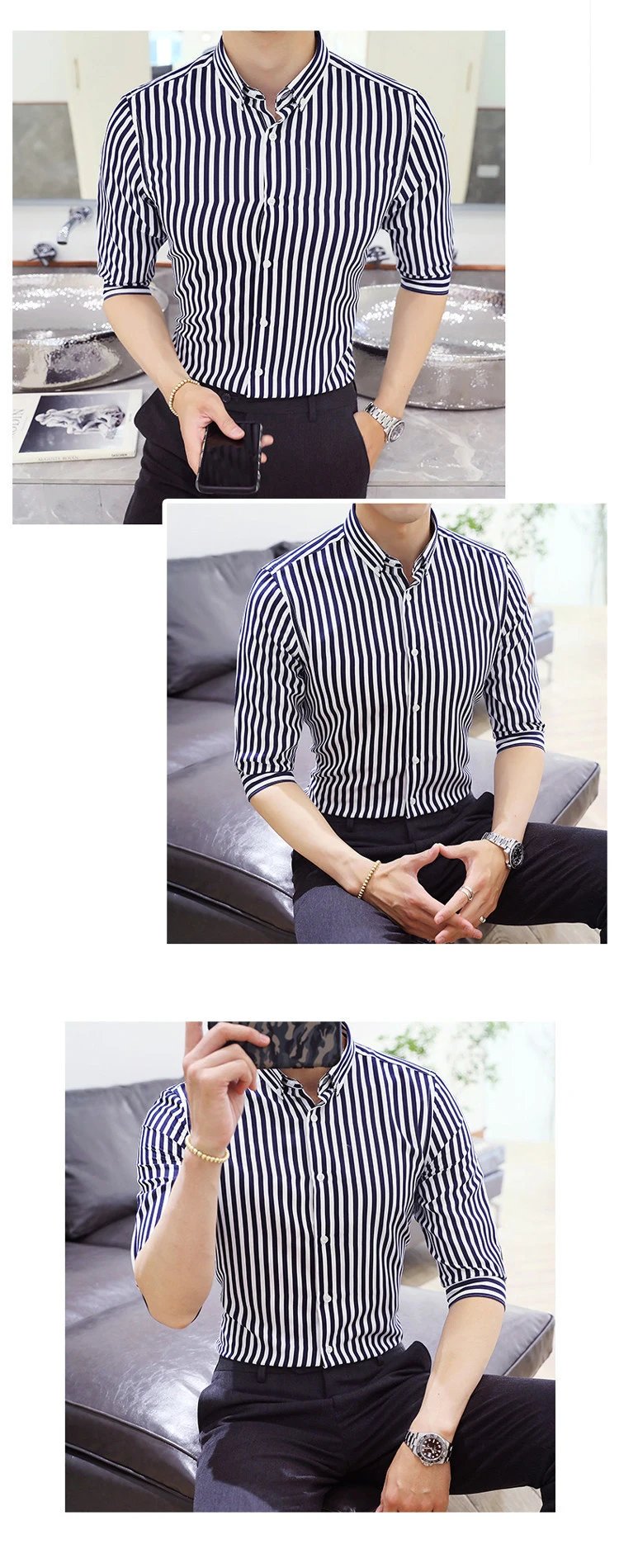 Design Striped Button-Down Shirt White with Black Vertical Stripes Tops Shirt - 5