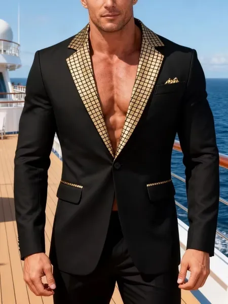 Design Gold-Grid Shawl Collar Blazer Black - 5