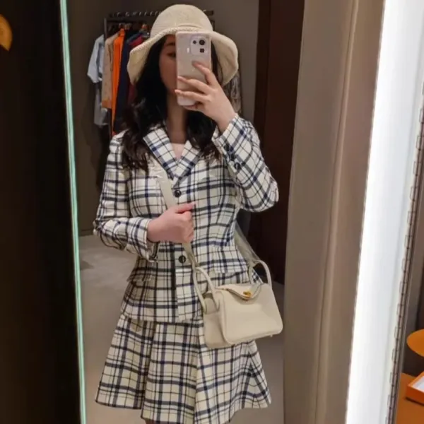 Design Plaid Blazer and Skirt Set Beige Blue Women's Two-Piece Suit - 1