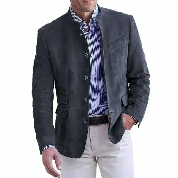 Design Suede Stand-Collar Blazer Teal Outerwear - 7