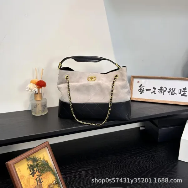 Chanel Bucket Bag Beige and Black Quilted Leather with Gold Chain Strap Handbags - 9