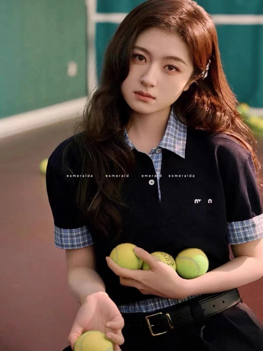 Design Layered Collar Polo Black with Blue-White Check Plaid Trim Tops.polo - 4