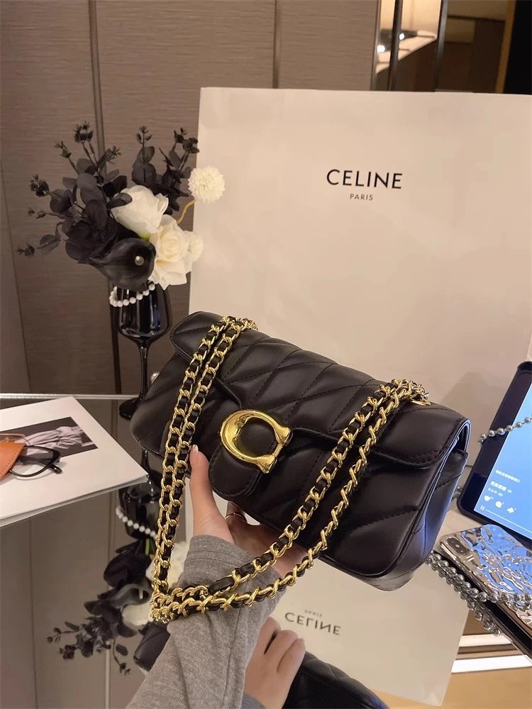 Celine Triomphe Quilted Leather Chain Shoulder Bag Black