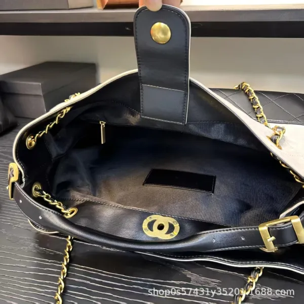 Chanel Bucket Bag Beige and Black Quilted Leather with Gold Chain Strap Handbags - 29
