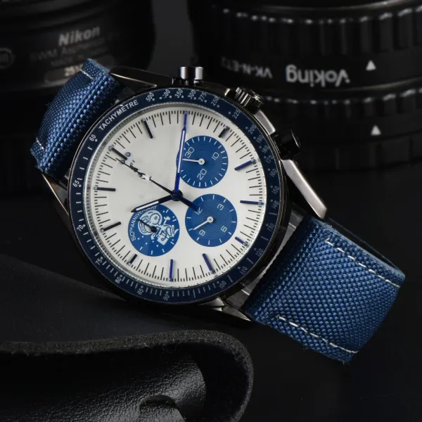 Omega Speedmaster '50th Anniversary' Chronograph White Dial Blue NATO Strap Watch Watches - 1