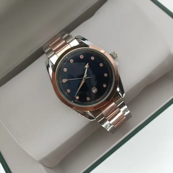 Design Two-Tone Rose Gold and Silver Watch with Blue Dial and Crystal Hour Markers Watches - 2